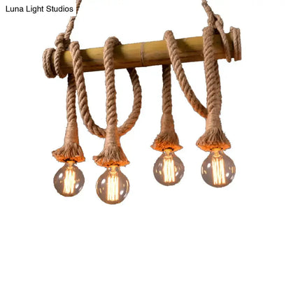 Rustic bamboo chandelier with beige natural-fiber rope suspending four glowing filament bulbs for 110v-120v or 220v-240v use