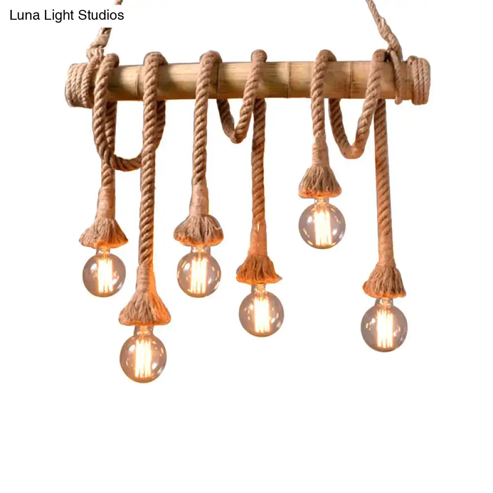 Rustic bamboo chandelier with natural rope and five exposed glass bulb lights for kitchen with 110v-120v and led incandescent fluorescent support