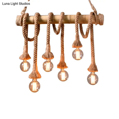 Rustic bamboo chandelier with natural rope and five exposed glass bulb lights for kitchen with 110v-120v and led incandescent fluorescent support