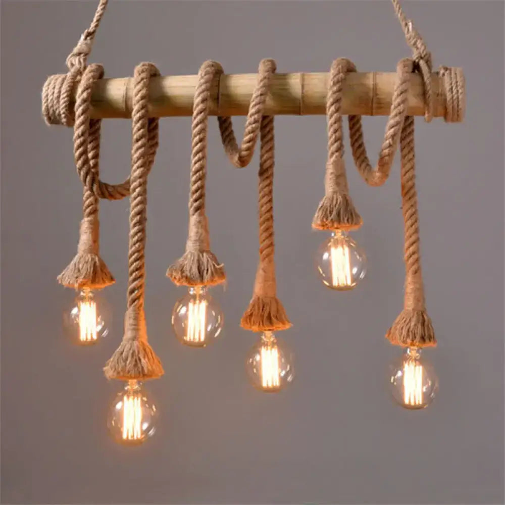 Decorbites vintage rope pendant light fixture with beige bamboo and five glowing filament bulbs compatible with 110v-120v