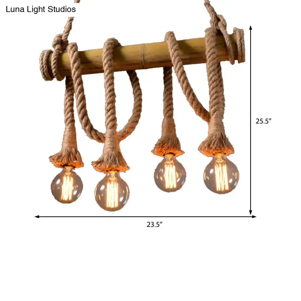 Rustic nautical-style decorbites vintage rope pendant light with beige bamboo beam and exposed bulbs for 220v-240v use
