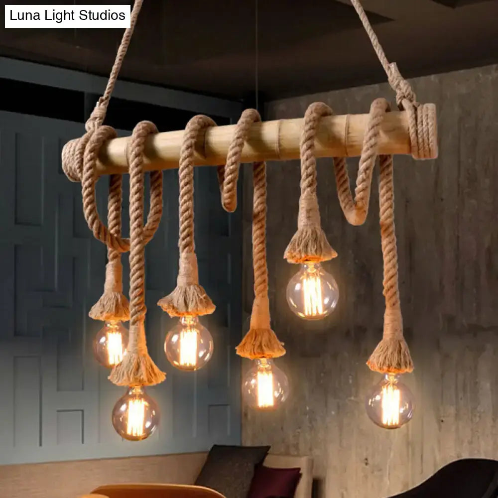 Decorbites vintage rope pendant light fixture with beige bamboo rod and thick rope for 220v-240v or 110v-120v use