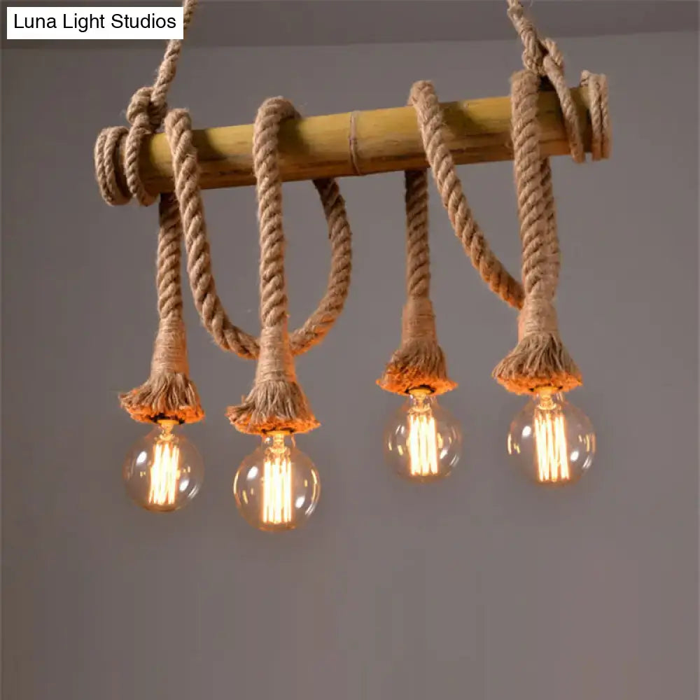 Rustic beige decorbites vintage rope pendant light fixture with bamboo and four glowing filament bulbs for 110v-120v use