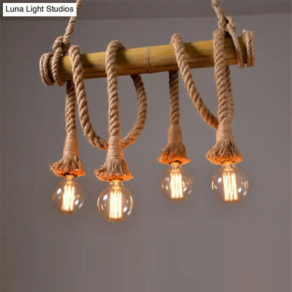 Rustic beige decorbites vintage rope pendant light fixture with bamboo and four glowing filament bulbs for 110v-120v use