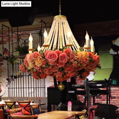 Vintage Rose Chandelier: 10-Bulb Metal Pendant Light in Pink - Ideal for Restaurants
