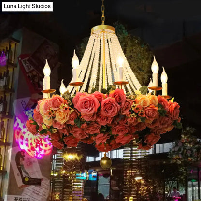 Vintage Rose Chandelier: 10-Bulb Metal Pendant Light in Pink - Ideal for Restaurants