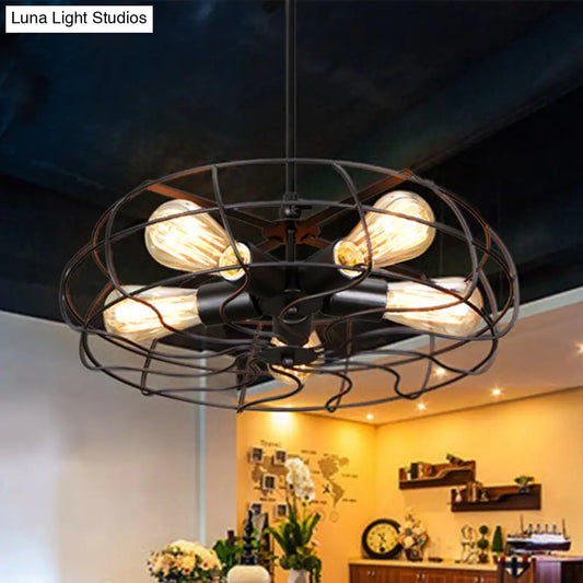 Vintage Round Cage Pendant Chandelier Lamp - 5 Bulbs, Wrought Iron, Black/Rust Finish