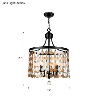 Lámpara de araña redonda vintage de metal y concha | Suspensión de 4 luces | Negra para dormitorio