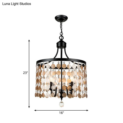 Lámpara de araña redonda vintage de metal y concha | Suspensión de 4 luces | Negra para dormitorio