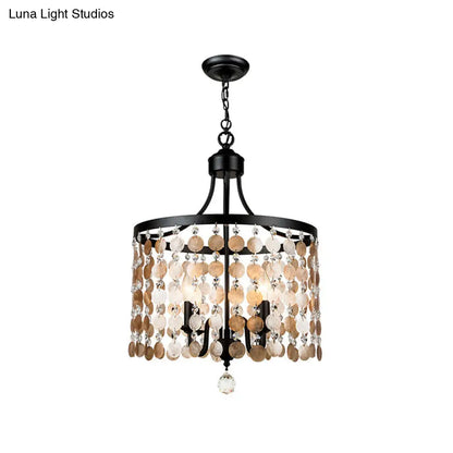 Lámpara de araña redonda vintage de metal y concha | Suspensión de 4 luces | Negra para dormitorio