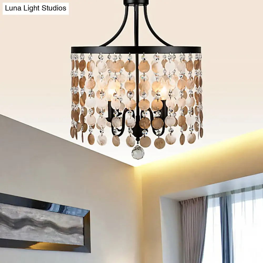 Lámpara de araña redonda vintage de metal y concha | Suspensión de 4 luces | Negra para dormitorio