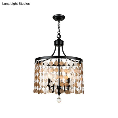 Lámpara de araña redonda vintage de metal y concha | Suspensión de 4 luces | Negra para dormitorio
