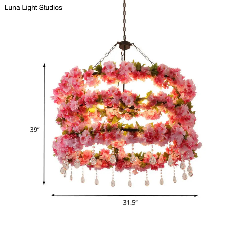 Vintage Round Chandelier Pendant Light in Pink with Crystal Accents - Metal LED Flower Design, 6 Bulbs