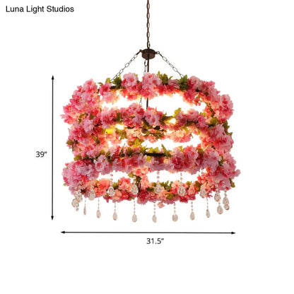Vintage Round Chandelier Pendant Light in Pink with Crystal Accents - Metal LED Flower Design, 6 Bulbs