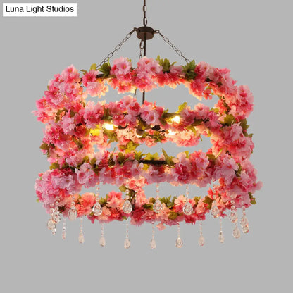 Vintage Round Chandelier Pendant Light in Pink with Crystal Accents - Metal LED Flower Design, 6 Bulbs