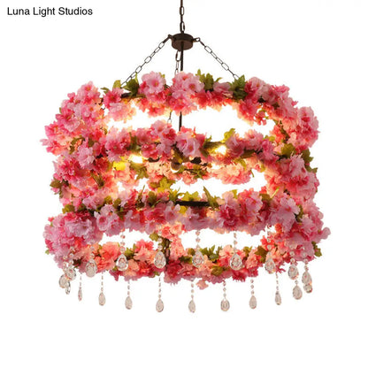 Vintage Round Chandelier Pendant Light in Pink with Crystal Accents - Metal LED Flower Design, 6 Bulbs