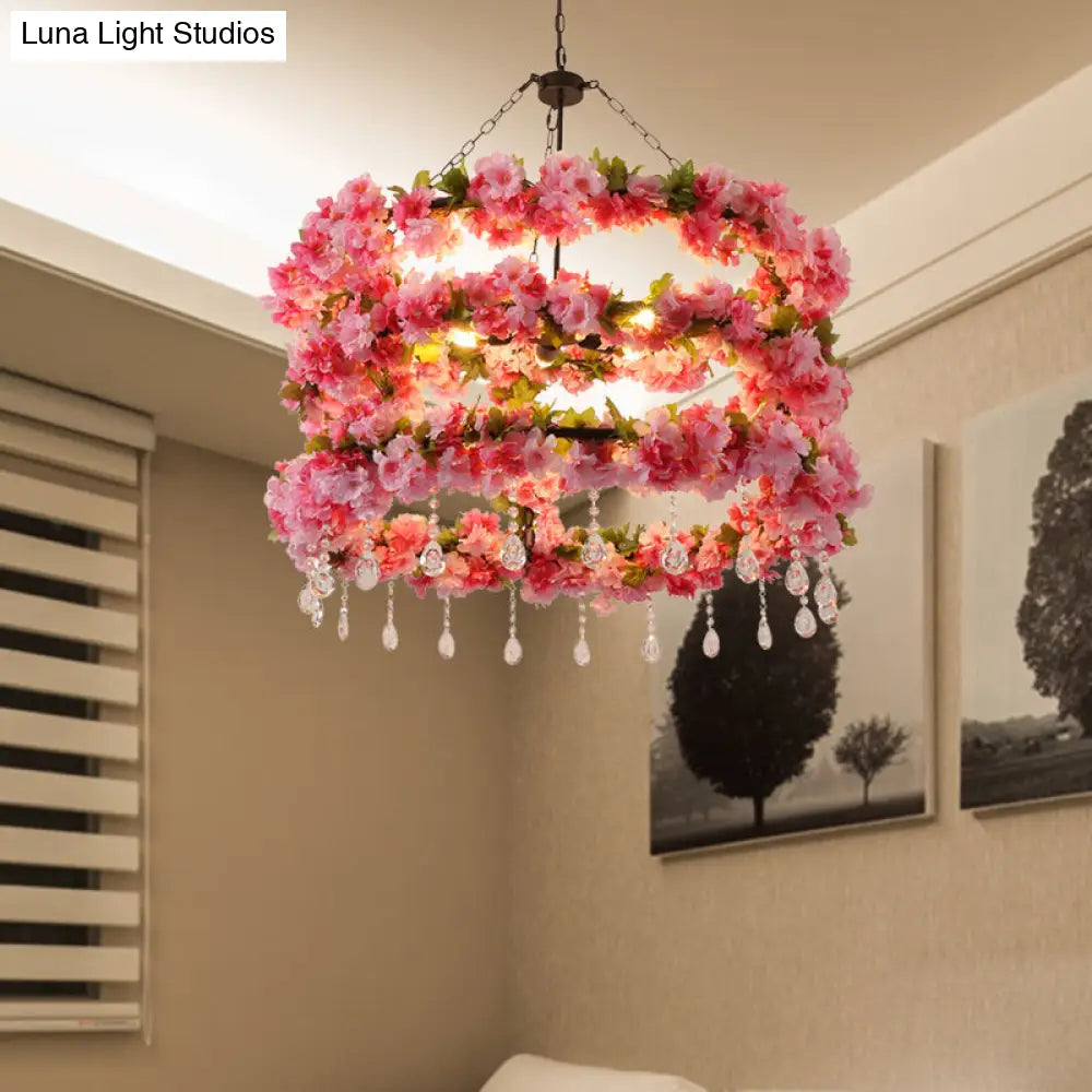 Vintage Round Chandelier Pendant Light in Pink with Crystal Accents - Metal LED Flower Design, 6 Bulbs