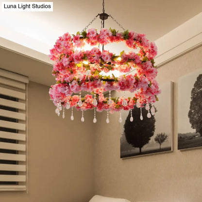 Vintage Round Chandelier Pendant Light in Pink with Crystal Accents - Metal LED Flower Design, 6 Bulbs