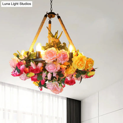 Vintage Round Pendant Chandelier - 6 Light Iron Flower Ceiling Light with Hemp Rope, Yellow/Pink/Light Pink