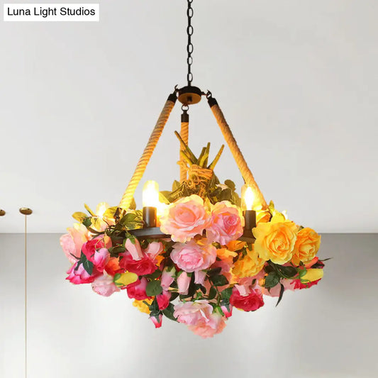 Vintage Round Pendant Chandelier - 6 Light Iron Flower Ceiling Light with Hemp Rope, Yellow/Pink/Light Pink