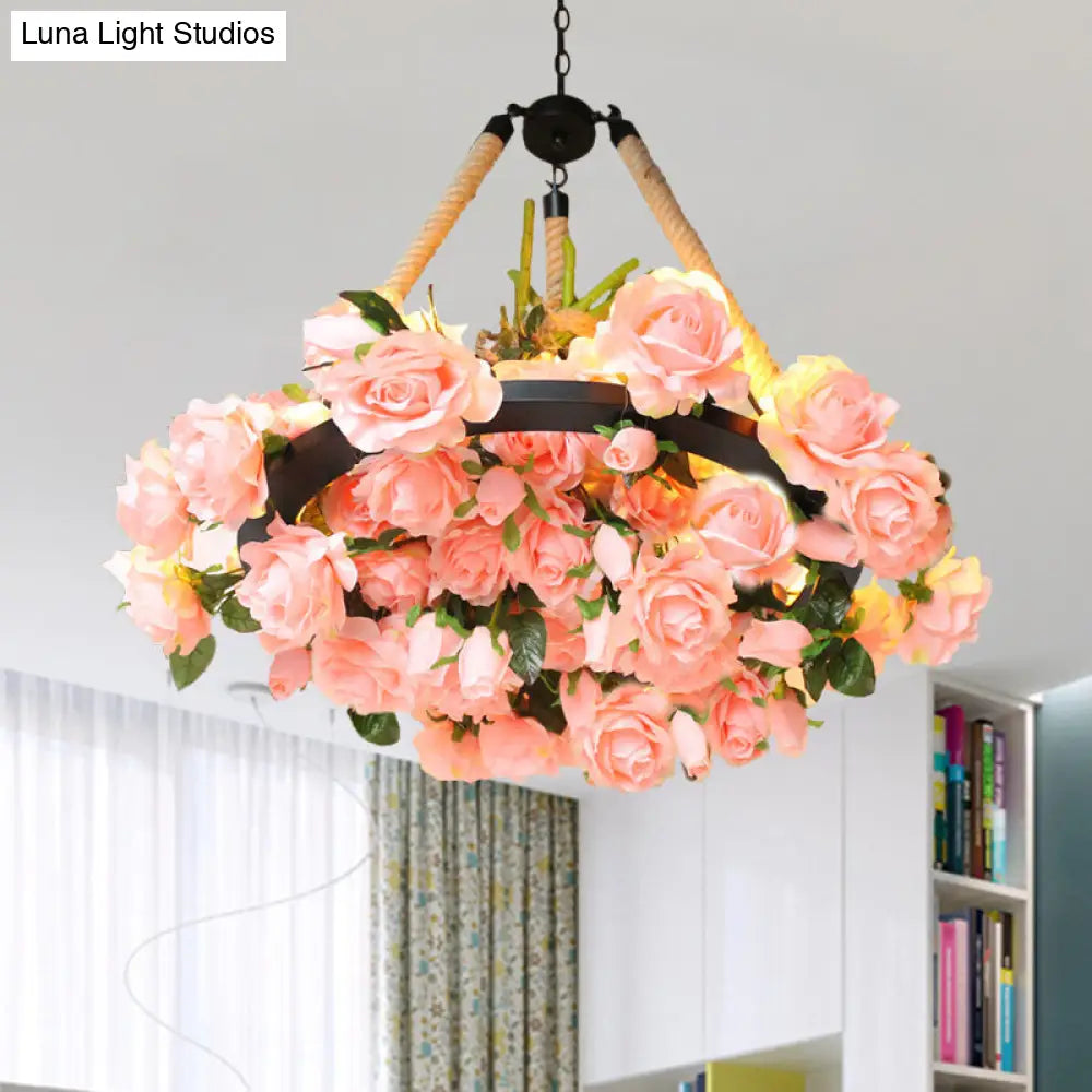 Vintage Round Pendant Chandelier - 6 Light Iron Flower Ceiling Light with Hemp Rope, Yellow/Pink/Light Pink