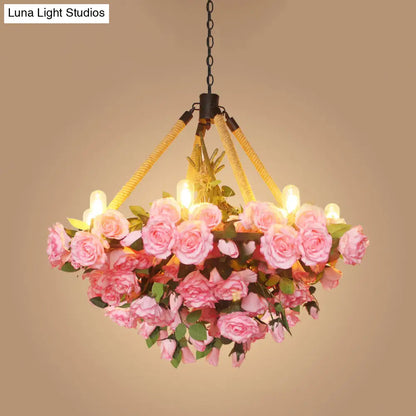 Vintage Round Pendant Chandelier - 6 Light Iron Flower Ceiling Light with Hemp Rope, Yellow/Pink/Light Pink