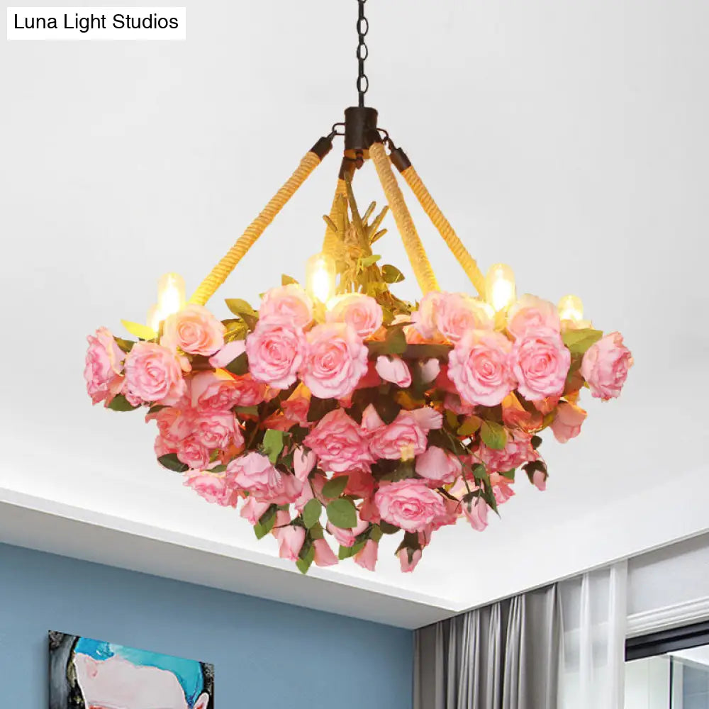 Vintage Round Pendant Chandelier - 6 Light Iron Flower Ceiling Light with Hemp Rope, Yellow/Pink/Light Pink