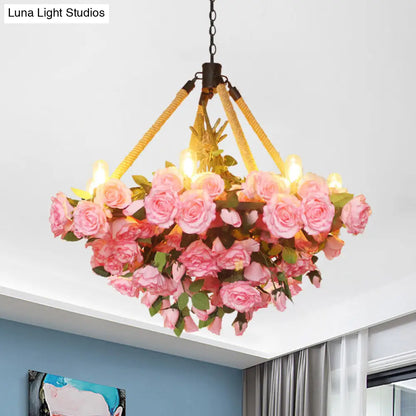 Vintage Round Pendant Chandelier - 6 Light Iron Flower Ceiling Light with Hemp Rope, Yellow/Pink/Light Pink