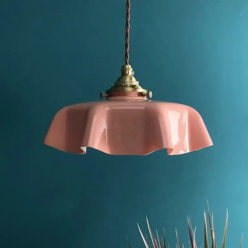 Delicate pink ceramic pendant lamp with fluted ruffled shade and brass hardware for decorbites cream glass copper decor