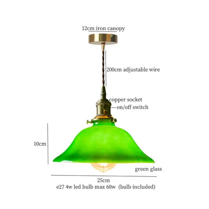 Green glass pendant lamp with brass-finished iron canopy and copper socket for vintage decorbites cream glass copper style