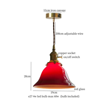 Red glass pendant lamp with brass iron canopy and copper socket for vintage ruffled cream glass copper kitchen decorbites