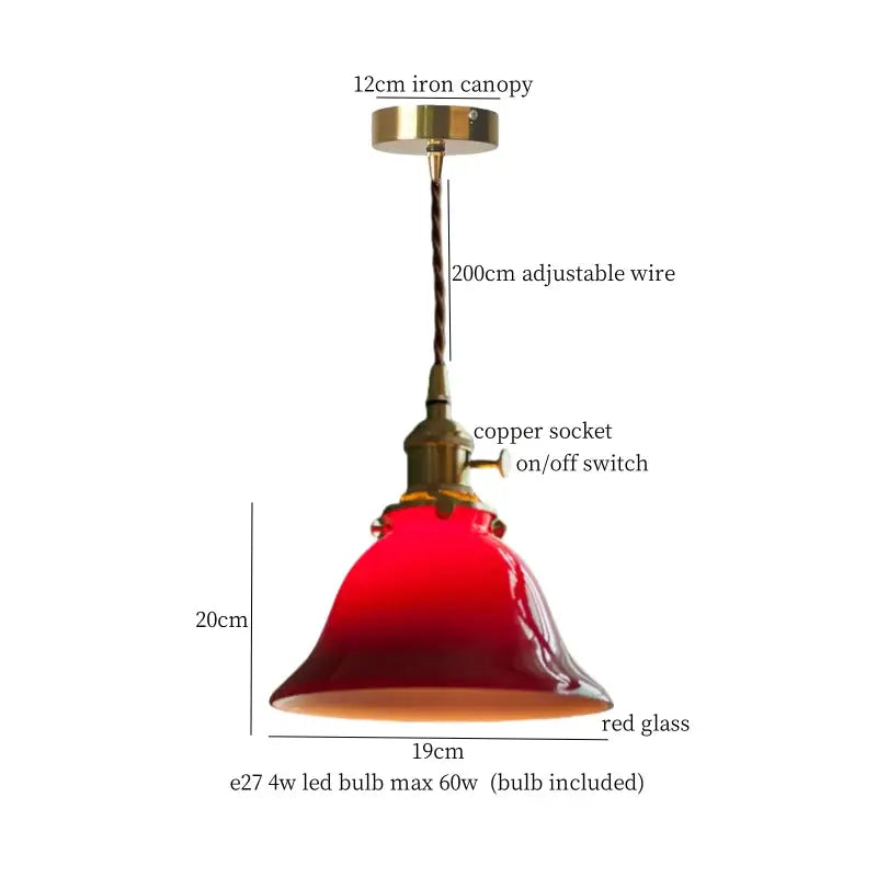 Red glass pendant lamp with brass iron canopy and copper socket for vintage ruffled cream glass copper kitchen decorbites