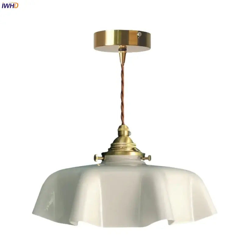 Vintage pendant lamp with brass-finished frame and decorbites cream glass ruffled shade for kitchen lighting
