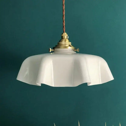 White opaline cream glass copper pendant lamp with brass fixture and twisted brown cord for kitchen decorbites cream glass
