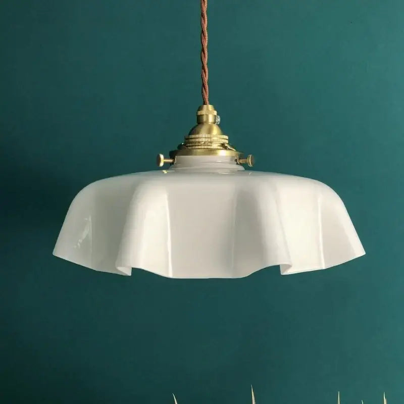 White opaline cream glass copper pendant lamp with brass fixture and twisted brown cord for kitchen decorbites cream glass