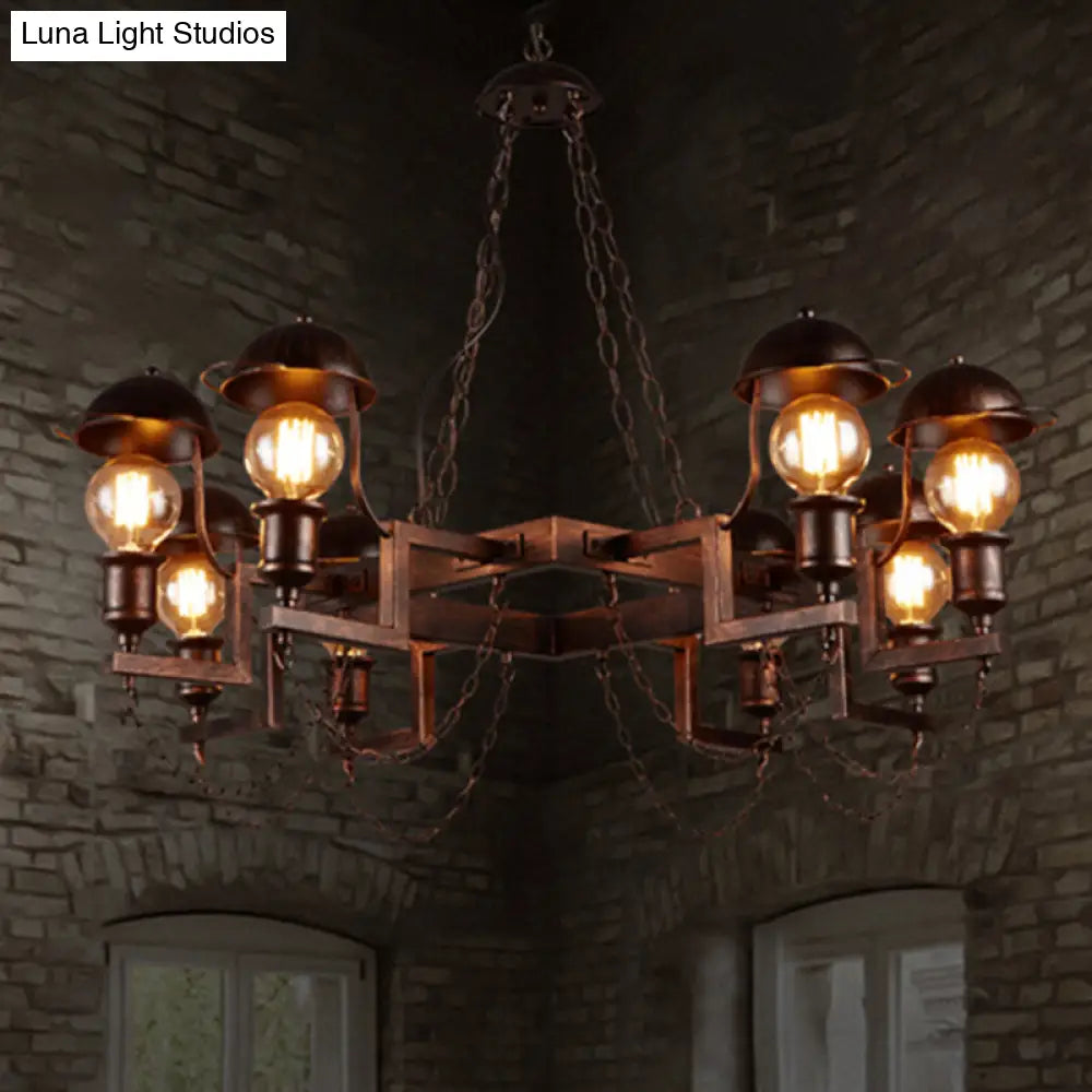 Vintage Rust Amber Glass Semi Flush Light Fixture - 8-Light Dome Shade with Metal Frame