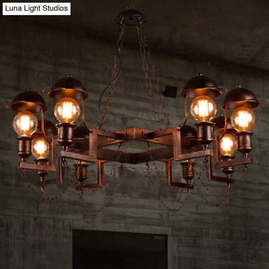 Vintage Rust Amber Glass Semi Flush Light Fixture - 8-Light Dome Shade with Metal Frame