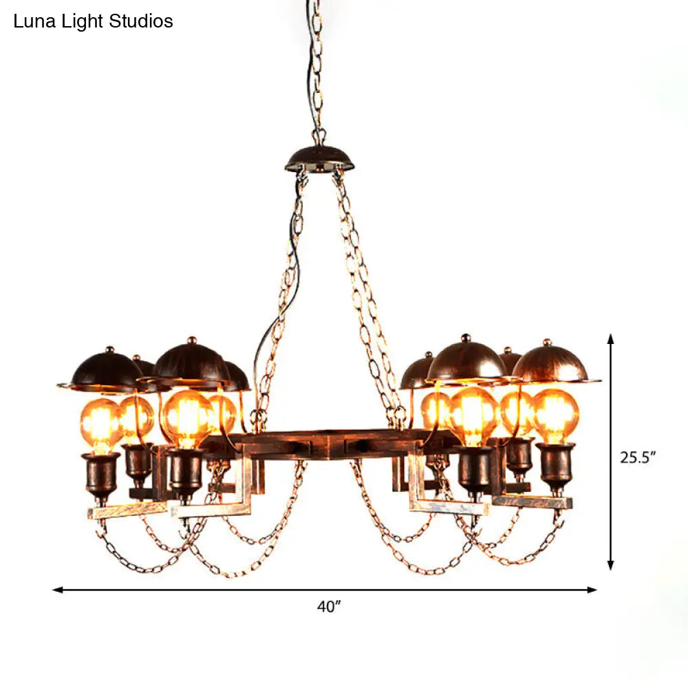 Vintage Rust Amber Glass Semi Flush Light Fixture - 8-Light Dome Shade with Metal Frame