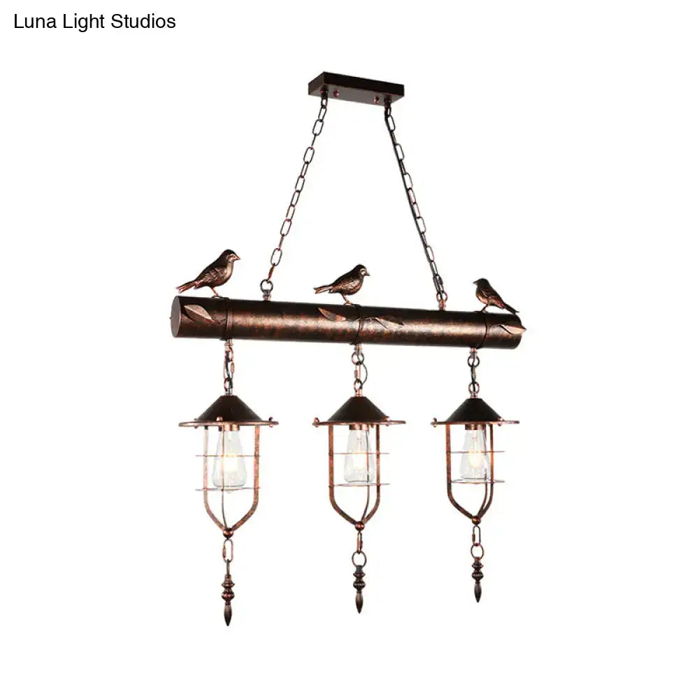 Bronze finished rustic chandelier with three caged shade lanterns and decorative birds for e26 e27 bulb base lighting