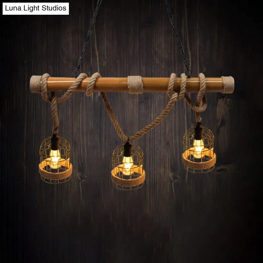 DecorBites vintage rust birdcage pendant lighting with three woven wire metal island light heads and adjustable rope