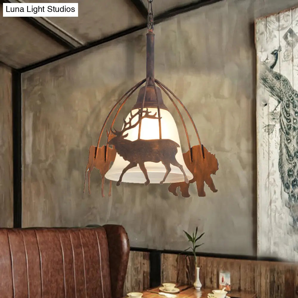 Vintage Rust Opal Glass Pendant Light with Elk Cage - 1 Light Bell Shade Ceiling Lamp