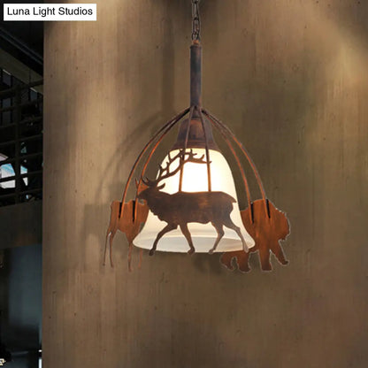 Vintage Rust Opal Glass Pendant Light with Elk Cage - 1 Light Bell Shade Ceiling Lamp