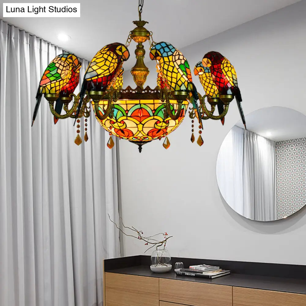 Vintage Rustic Parrot Chandelier with 9 Stained Glass Shades, Yellow for Villa