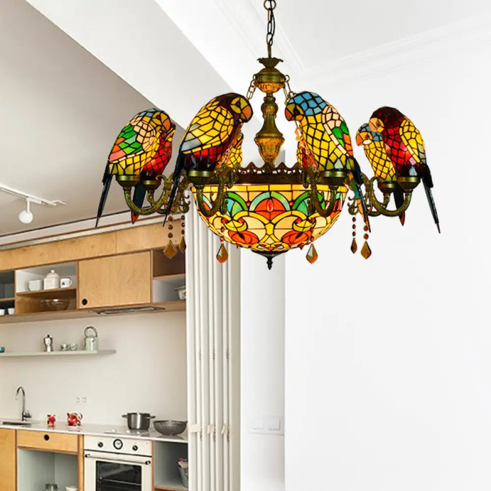 Vintage Rustic Parrot Chandelier with 9 Stained Glass Shades, Yellow for Villa