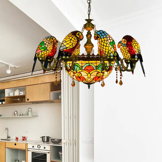 Vintage Rustic Parrot Chandelier with 9 Stained Glass Shades, Yellow for Villa