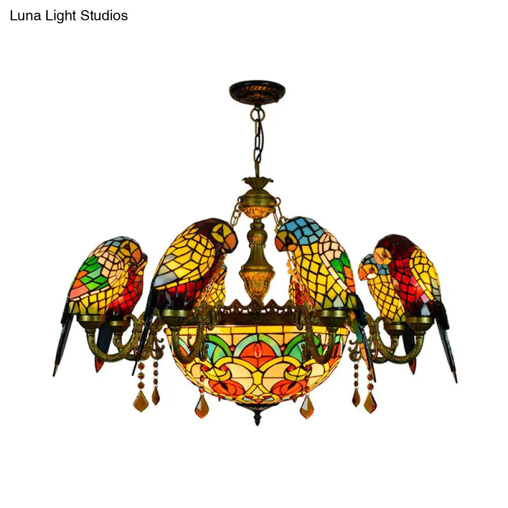 Vintage Rustic Parrot Chandelier with 9 Stained Glass Shades, Yellow for Villa