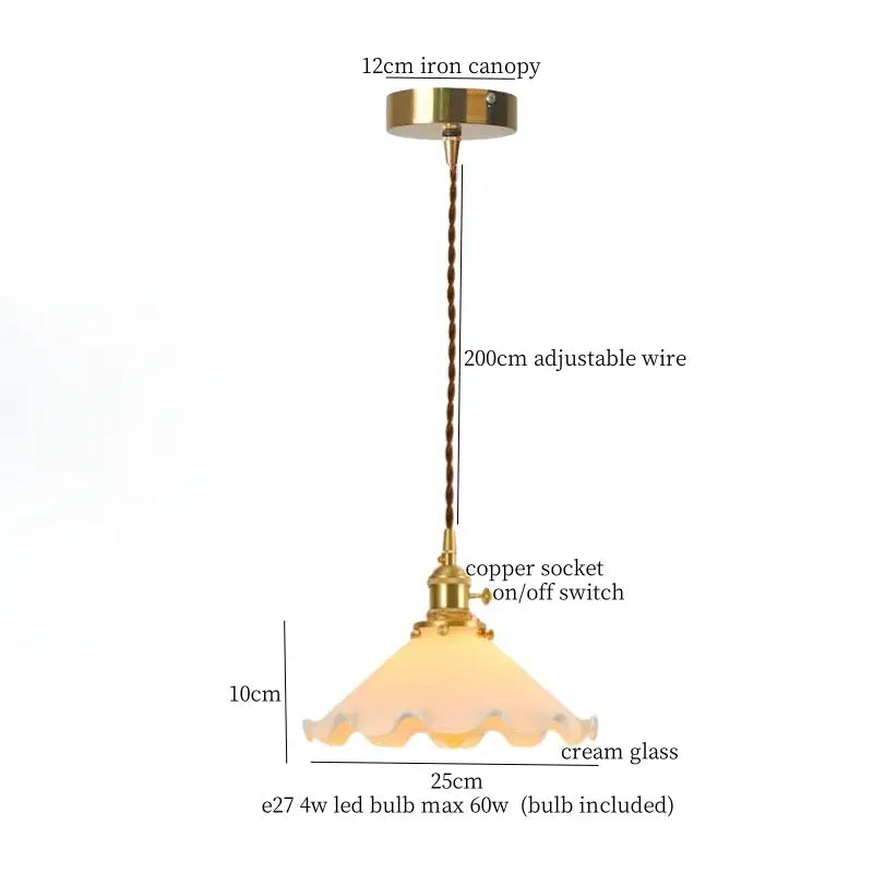 Vintage scalloped cream glass led pendant light with brass canopy and twisted copper wire suspension for kitchen decor