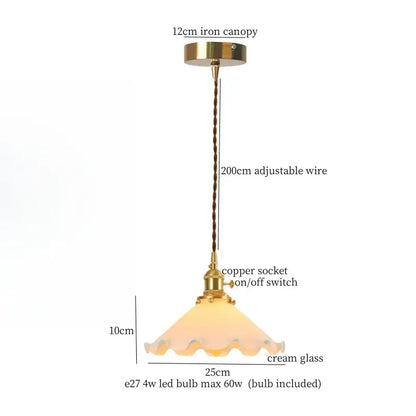 Vintage scalloped cream glass led pendant light with brass canopy and twisted copper wire suspension for kitchen decor