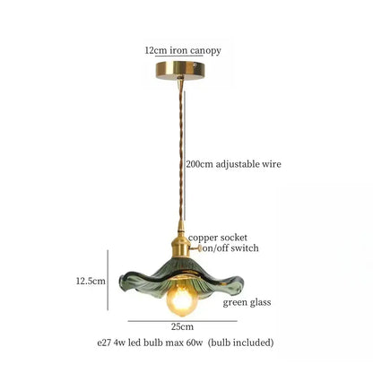 Vintage scalloped decorbites cream glass led pendant light with green glass shade and adjustable copper wire canopy