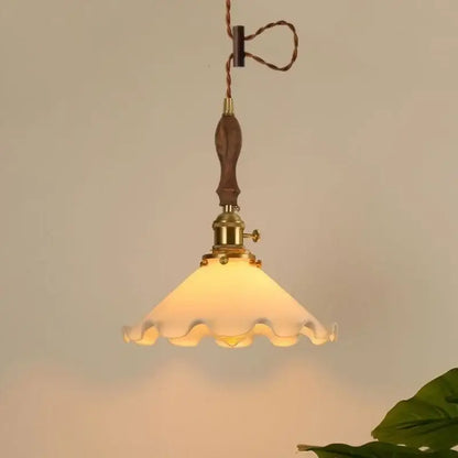 Vintage scalloped cream glass led pendant light with brass fixture and dark wood handle for kitchen dining room decorbites cream glass